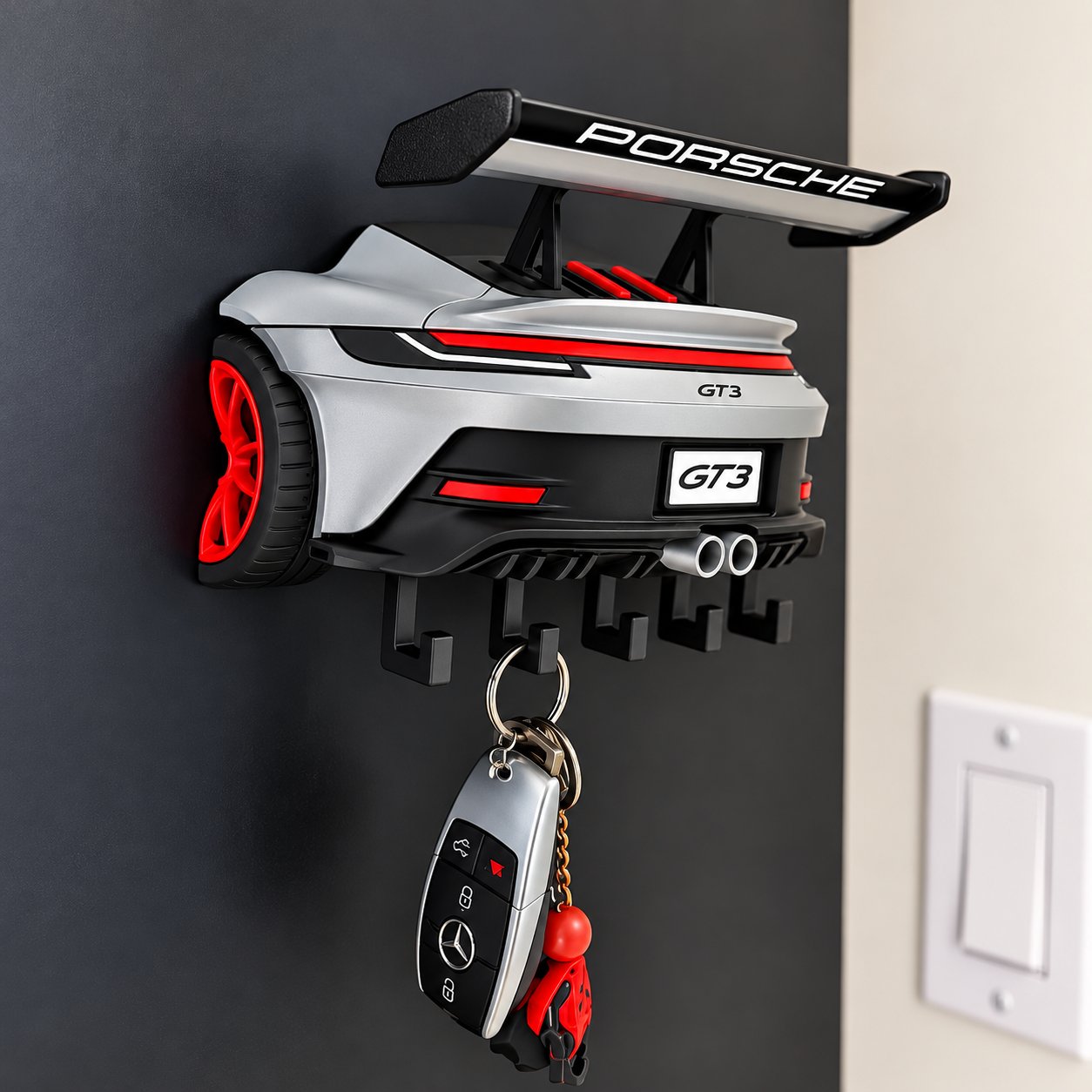 A silver Porsche 911 GT3 wall-mounted key holder with a red rear wing holding a Mercedes-Benz key fob