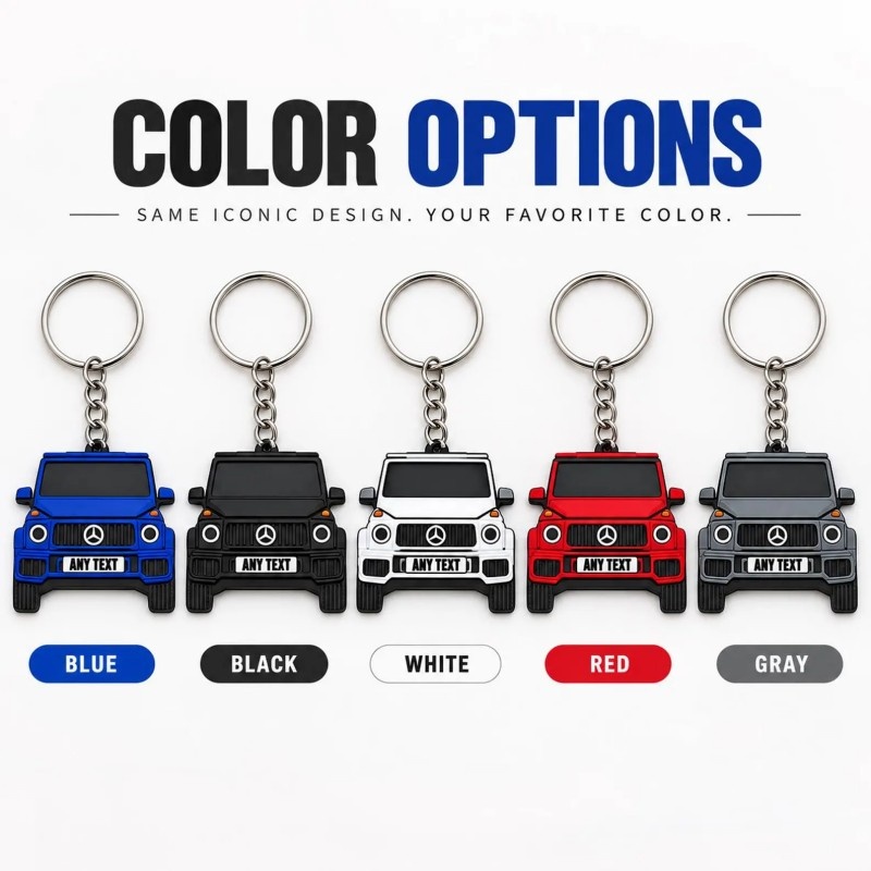 PVC car keychain color options: blue, black, white, red and gray