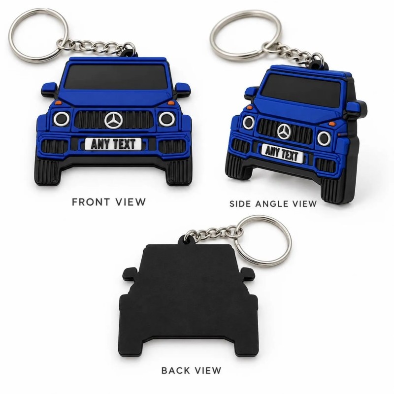 PVC car keychain front view, side angle view and plain back view