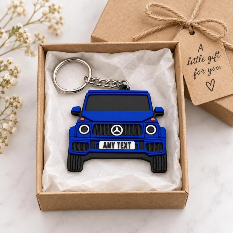 PVC car keychain packed in a kraft gift box with a thank you tag