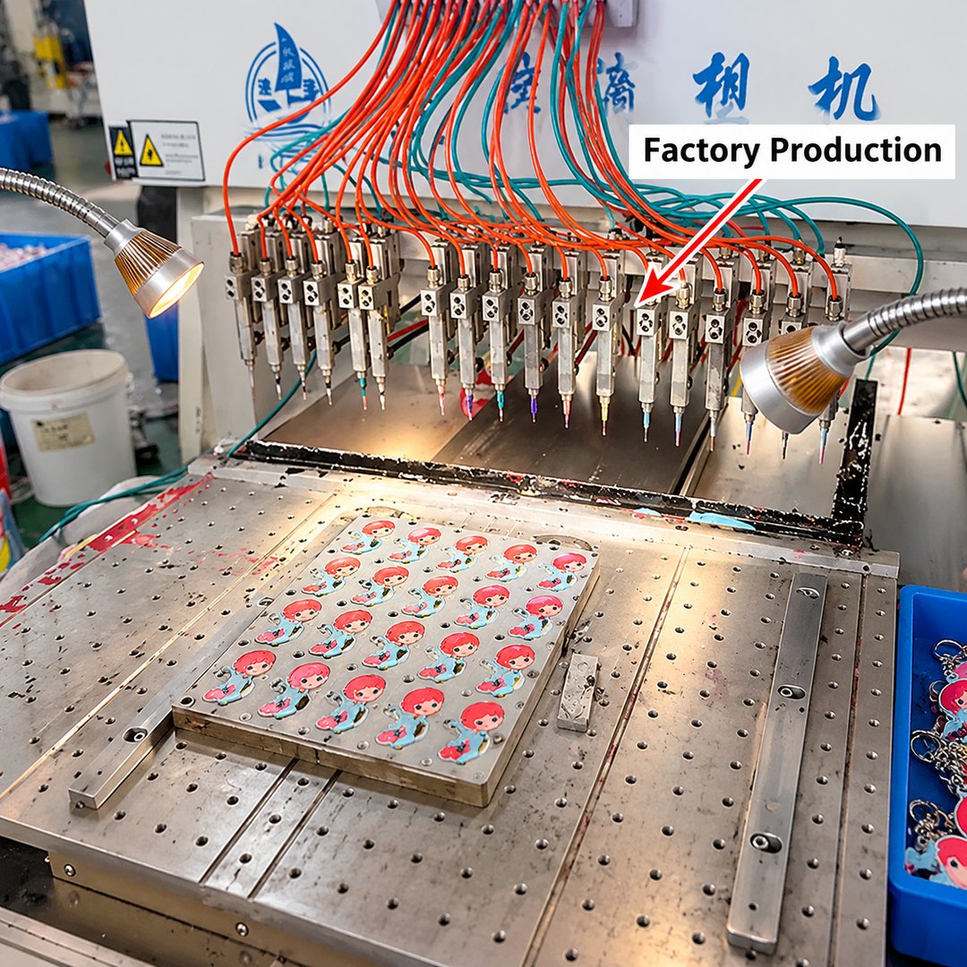 A keychain factory machine with red and blue PVC feed lines dispensing into a mold tray holding red character keychains.