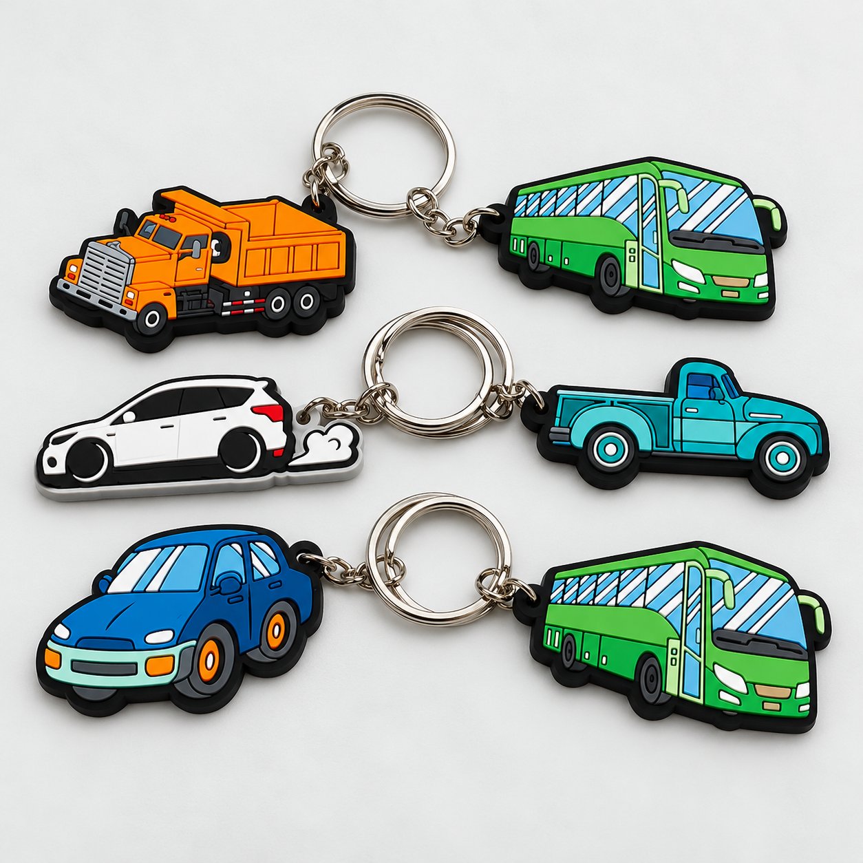 Six soft PVC vehicle keychains shaped as a dump truck, bus, white car, pickup truck, blue car and green bus on a white background