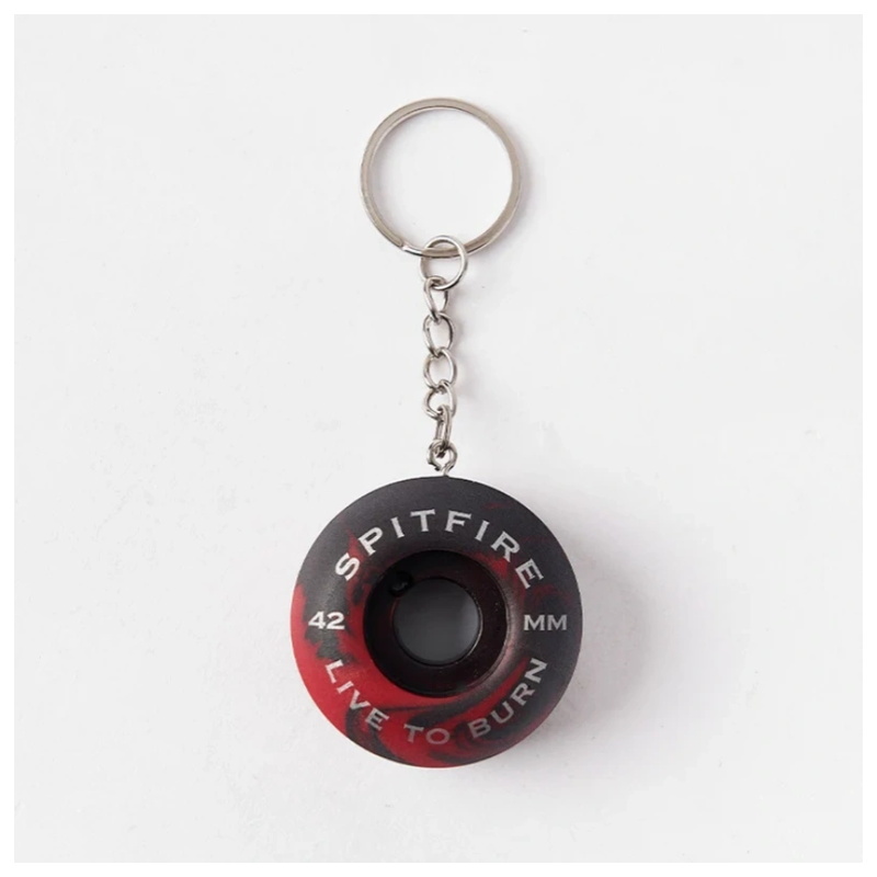 Red and black marbled spitfire wheel keychain front view with metal ring