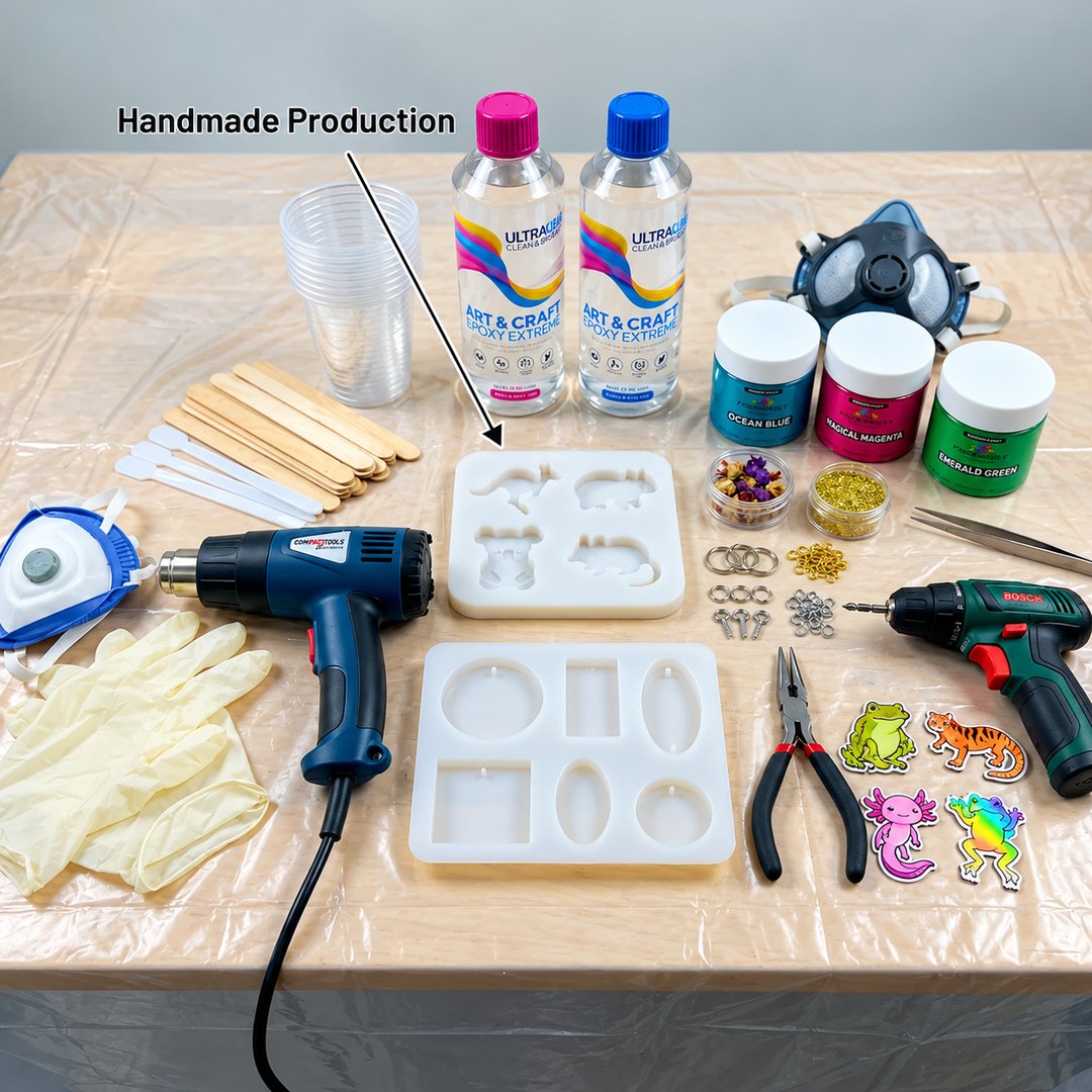 A resin keychain workbench laid out with two-part epoxy resin, silicone molds, a heat gun, a drill, pliers, pigment powders, dried flowers and a respirator.