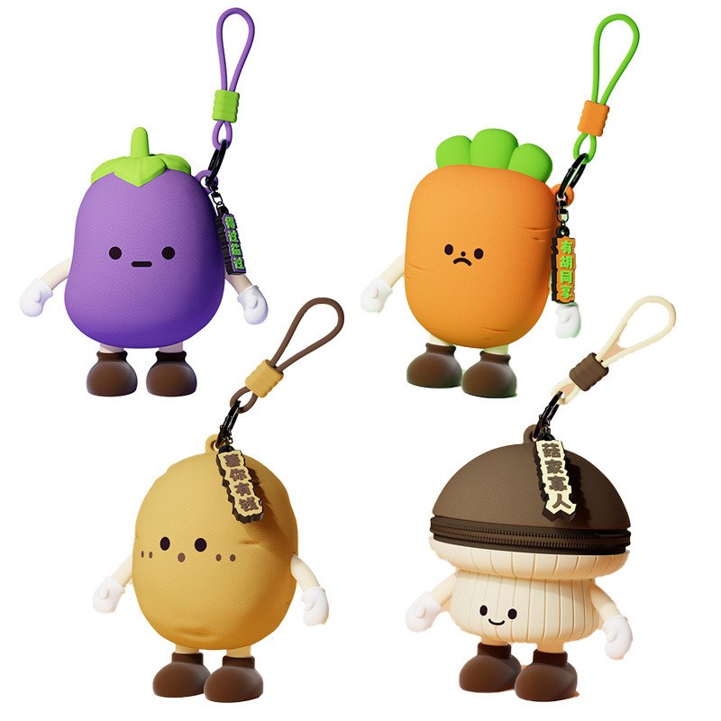 four vegetable shaped silicone keychain wallets eggplant carrot potato mushroom with hang tags