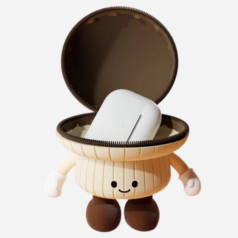 open mushroom shaped silicone pouch holding white TWS earbuds