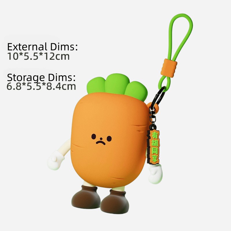 carrot shape with external 10 x 5.5 x 12 cm and storage 6.8 x 5.5 x 8.4 cm
