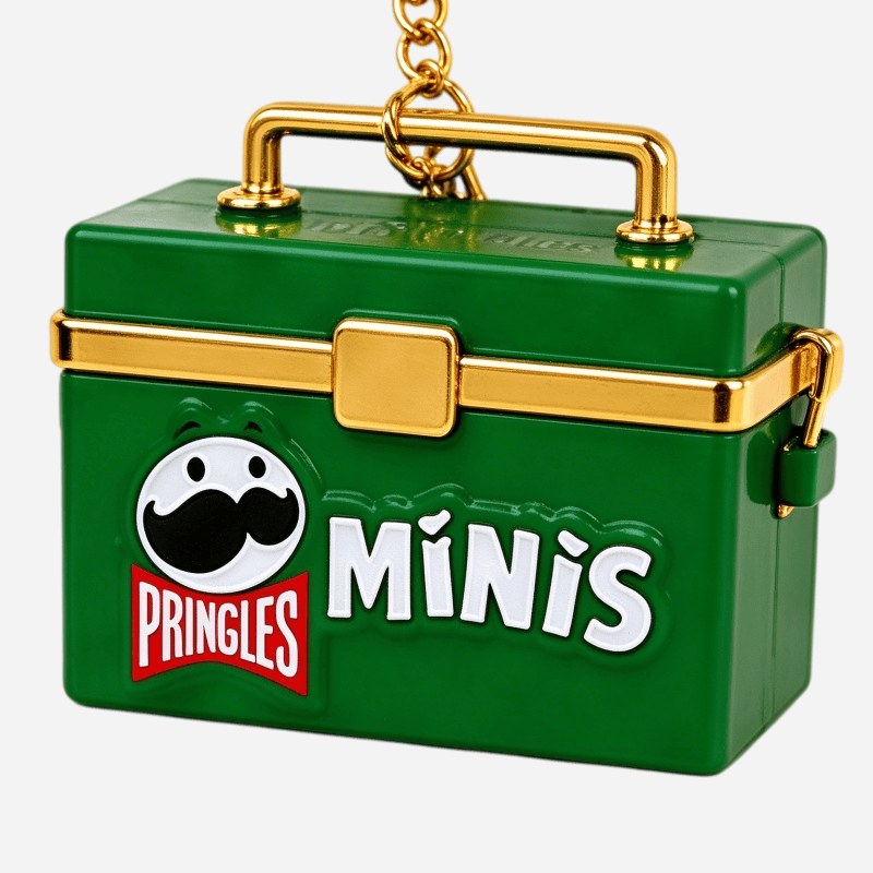 green mini crate charm with gold handle and printed logo panel