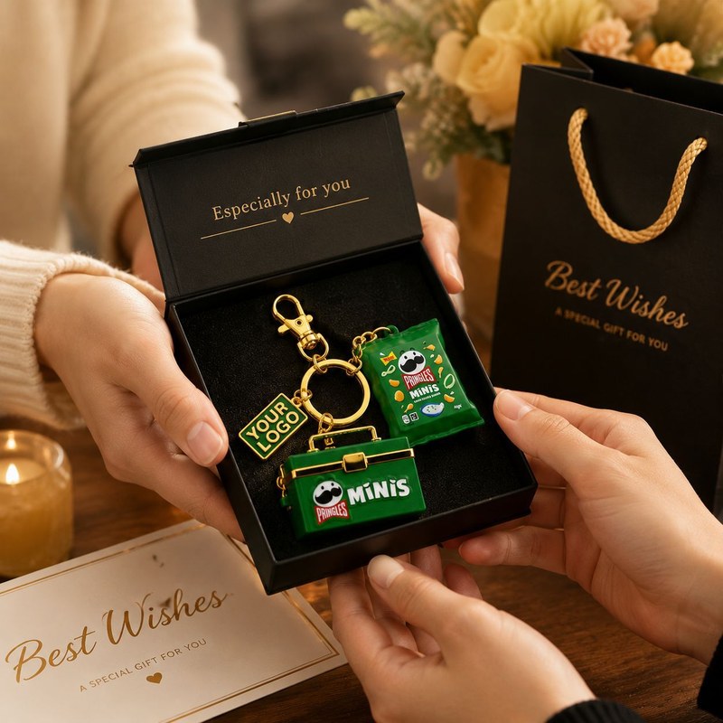 snack keychain presented in a black gift box with best wishes card