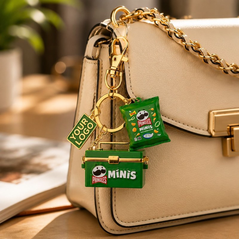 snack keychain clipped to a beige leather handbag