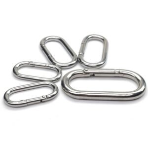 Steel snap hook keychains in five galvanized sizes on a white background