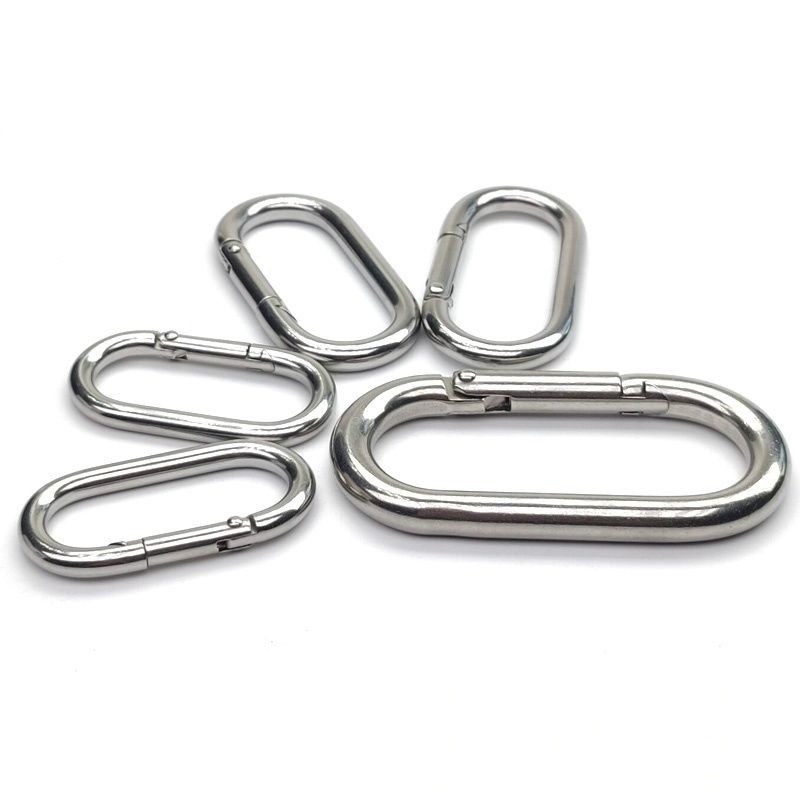Steel snap hook keychains in five galvanized sizes on a white background