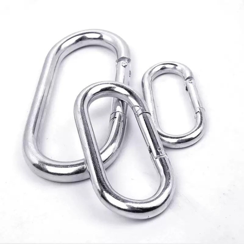 Three galvanized steel snap hook keychains stacked in different sizes