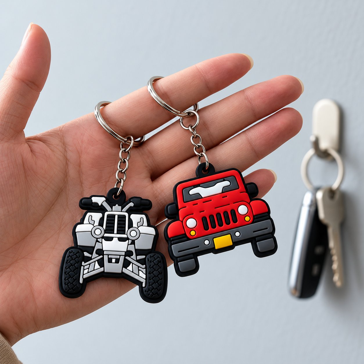 A hand holding two soft PVC vehicle keychains, a black and white off-road truck and a red jeep, with a car key and fob blurred behind
