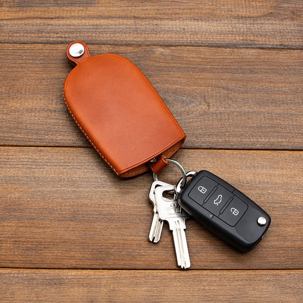 A tan leather car key fob pouch with a stitched edge and a snap stud resting on a wooden surface beside a fob and cut keys