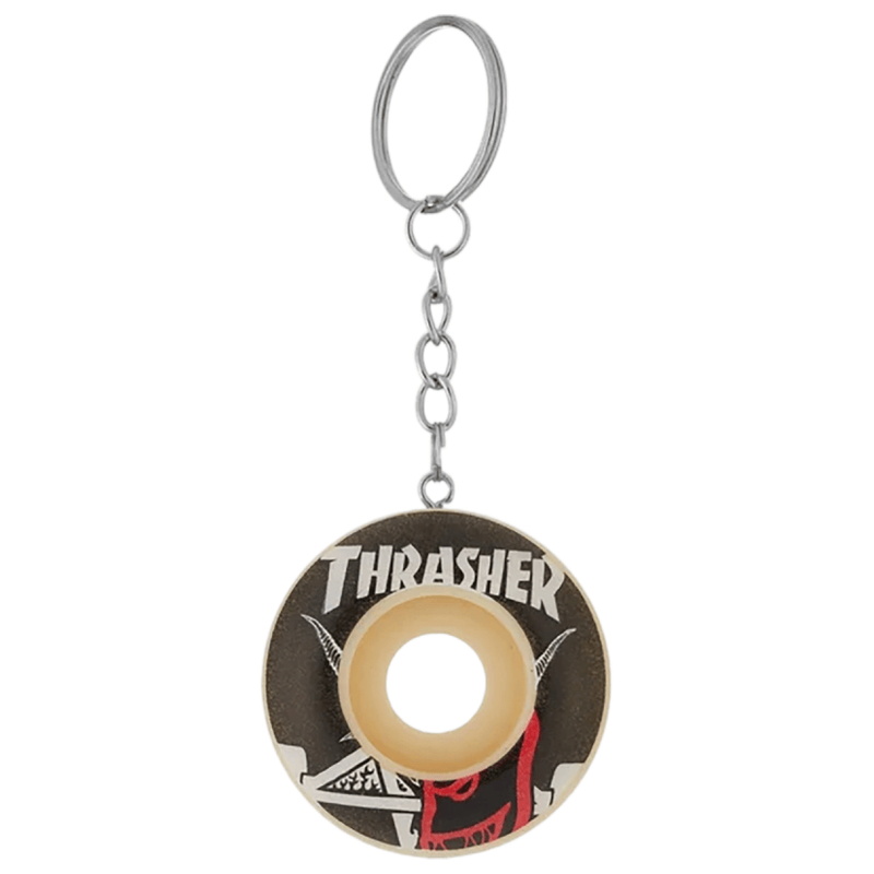 Thrasher style spitfire wheel keychain single view with a long chain