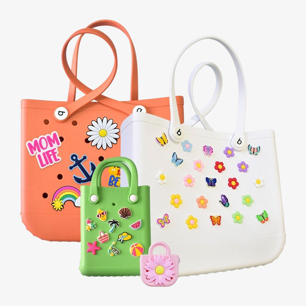Charm fitted to a perforated tote bag