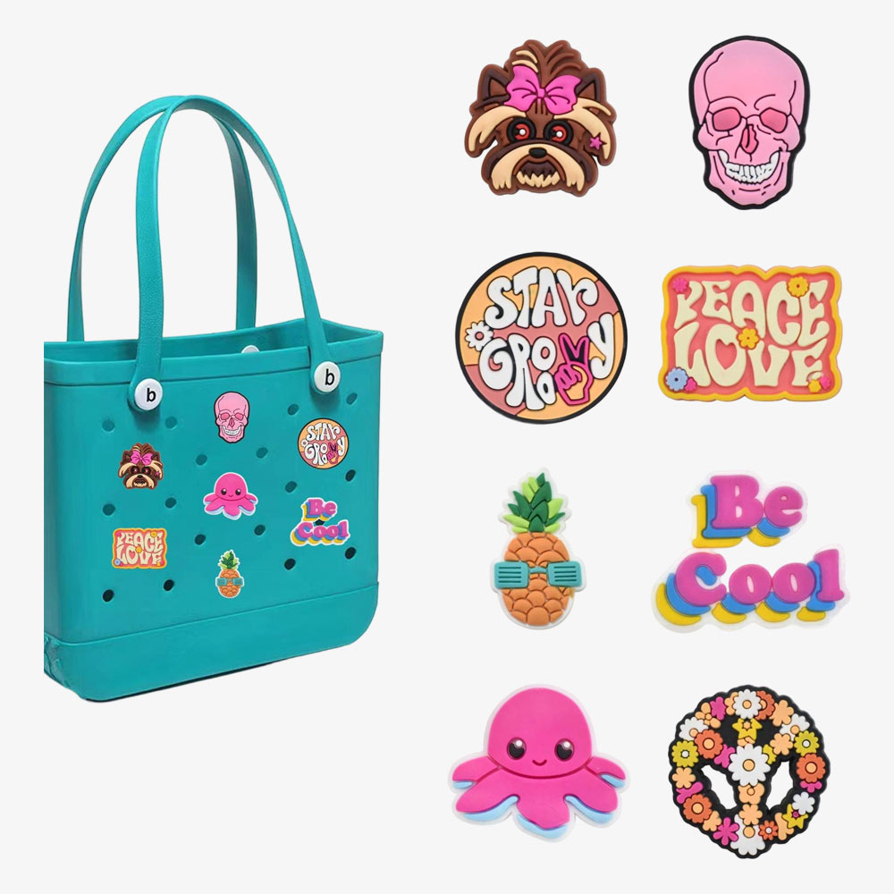 Skull charm attached to a perforated tote bag