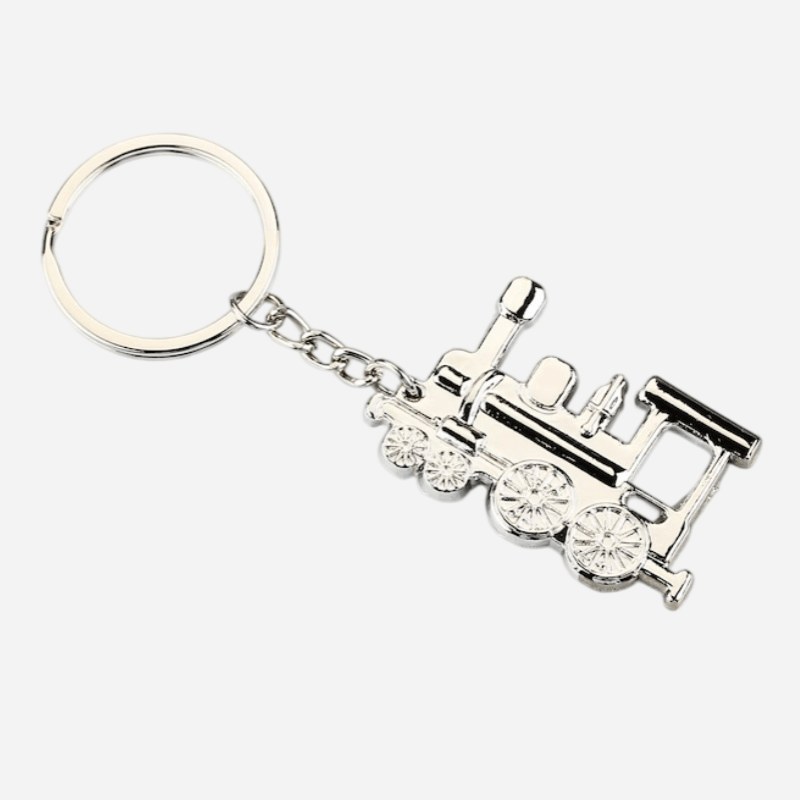 Vintage train keychain in bright silver with split ring and chain on a white background