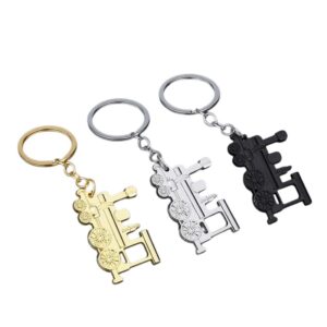 Vintage train keychains in gold, bright silver and matte black finishes
