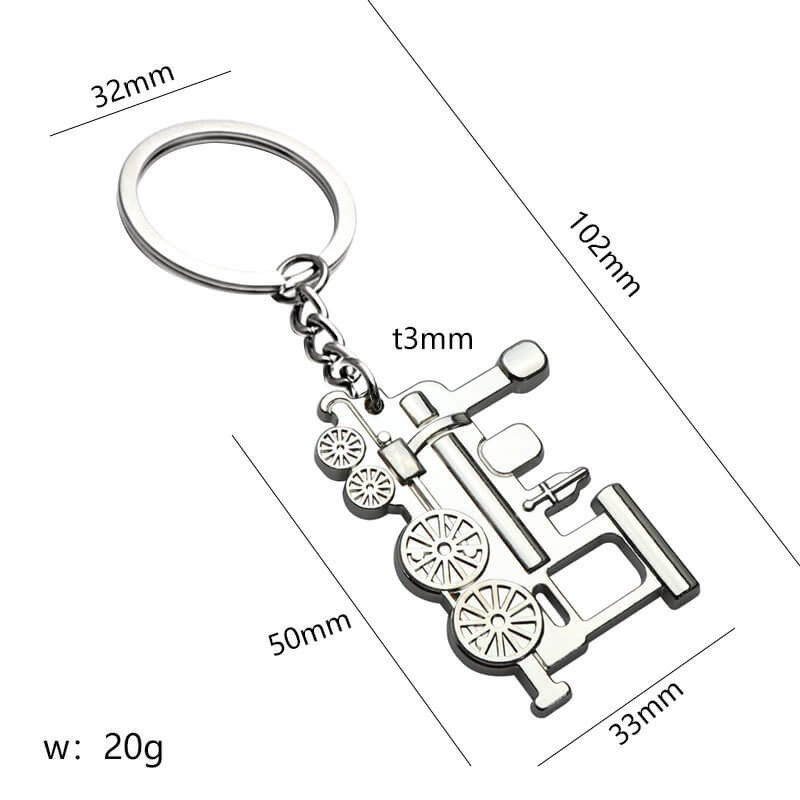 Vintage train keychain size diagram marking a 102 mm locomotive body and 33 mm width