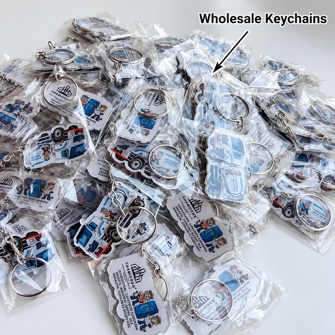 A large pile of acrylic keychains, each individually sealed in a printed polybag with a split ring attached.