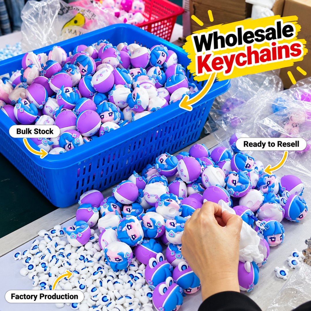 Blue plastic crates overflowing with purple and white PVC ball keychains on a factory production line.