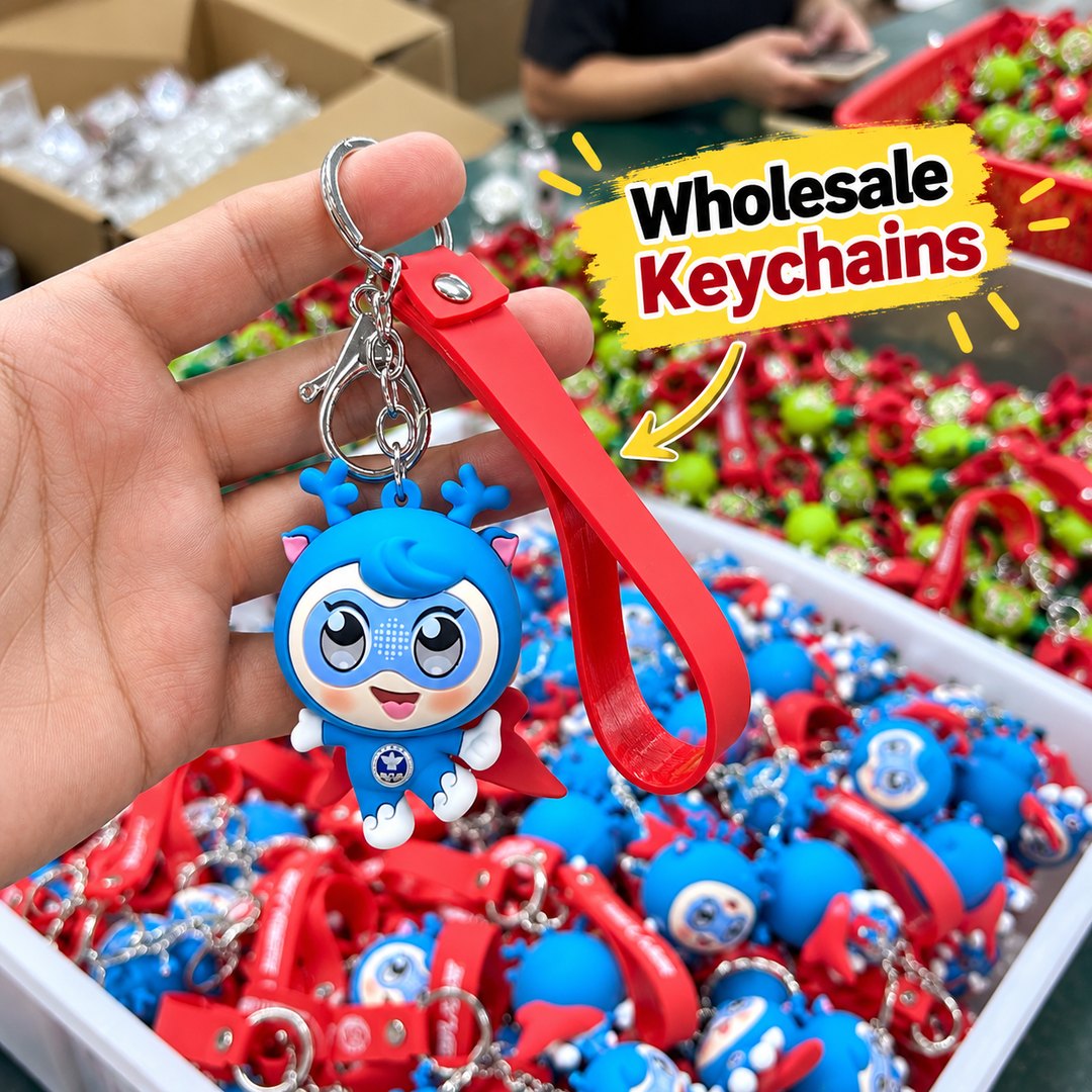 A hand holding a 3D molded PVC character keychain with a red wrist strap above trays of the same keychains in a factory.